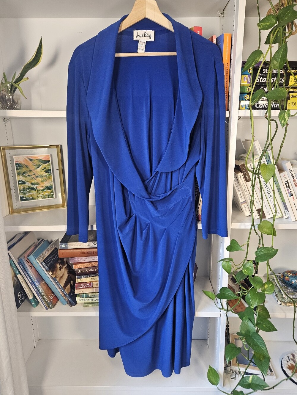 Vintage Joseph Ribkoff Dress Royal Blue Draped Long Sleeve Size XXL / 20 Cocktai